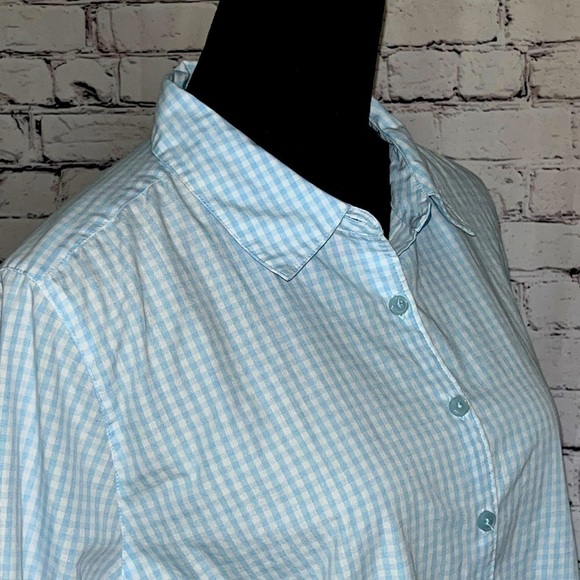 Studio Works Light Blue Check 3/4 Sleeve Wrinkle Free Button Down Sz L EUC - Picture 1 of 12